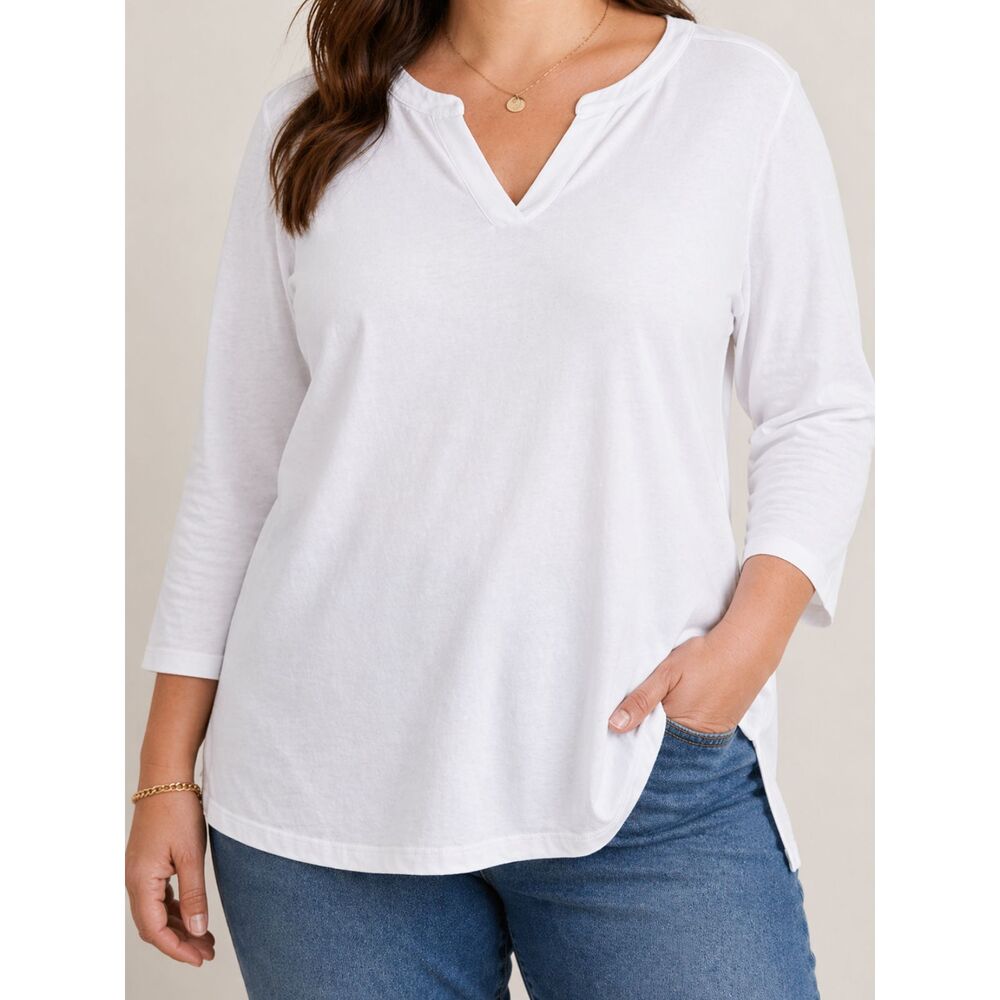 Lands’ End White Cotton Tunic Top 1X Split Neck 3/4 Sleeve Casual Plus Size Soft